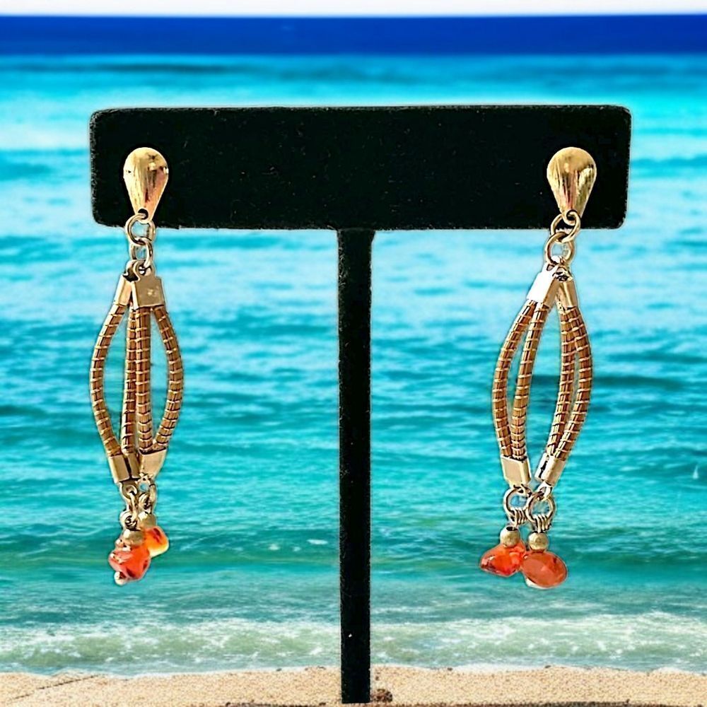 Vintage Beaded Dangle Earrings 1980s Estate Gold Tone Snake Chain Abstract Twist
